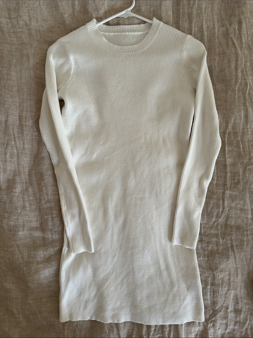 Commense White Long Sleeve Ribbed Bodycon Knit Dress